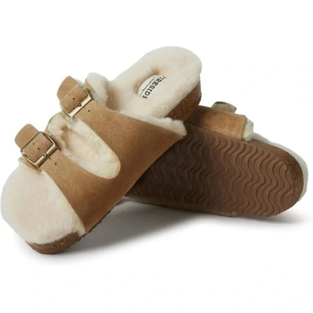 Dearfoams TAMWORTH GENUINE SHEARLING FOOTBED DBL BAND SLIDE - CHESTNUT NWT